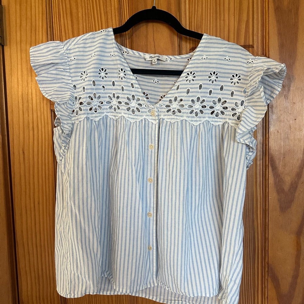 Madewell Blue and White Flutter Sleeve Blouse
